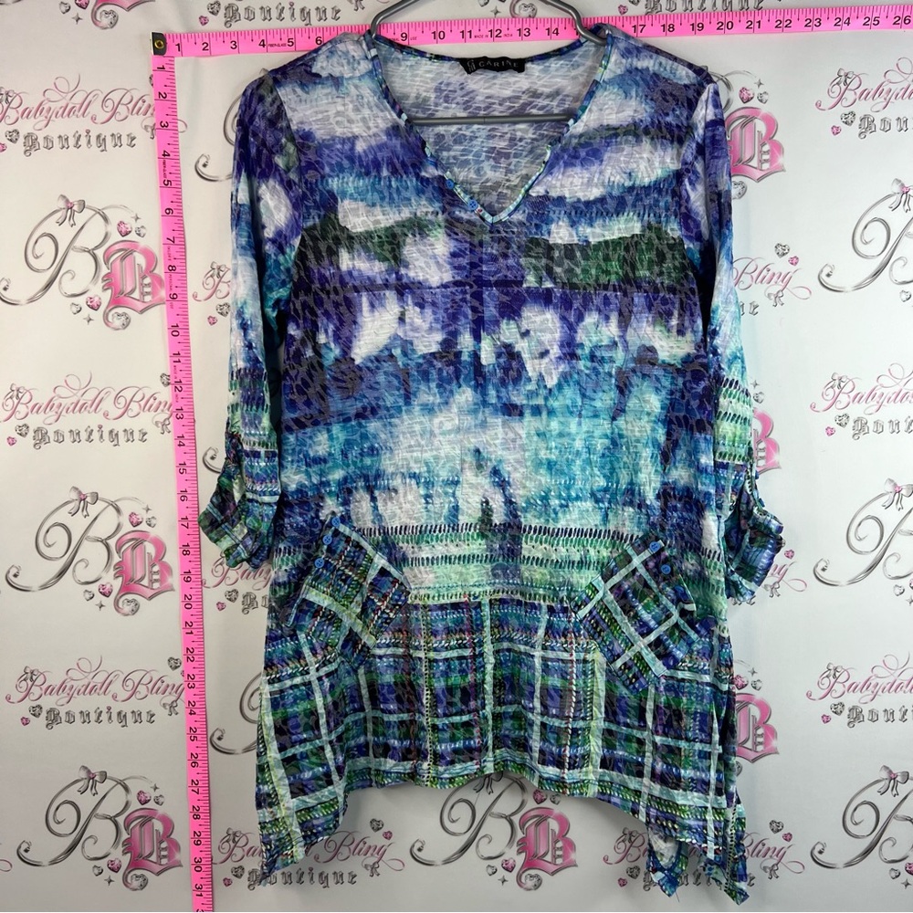 Carine top tie dye Abstract Blue-Green V-Neck Tunic Top flowy fairy
